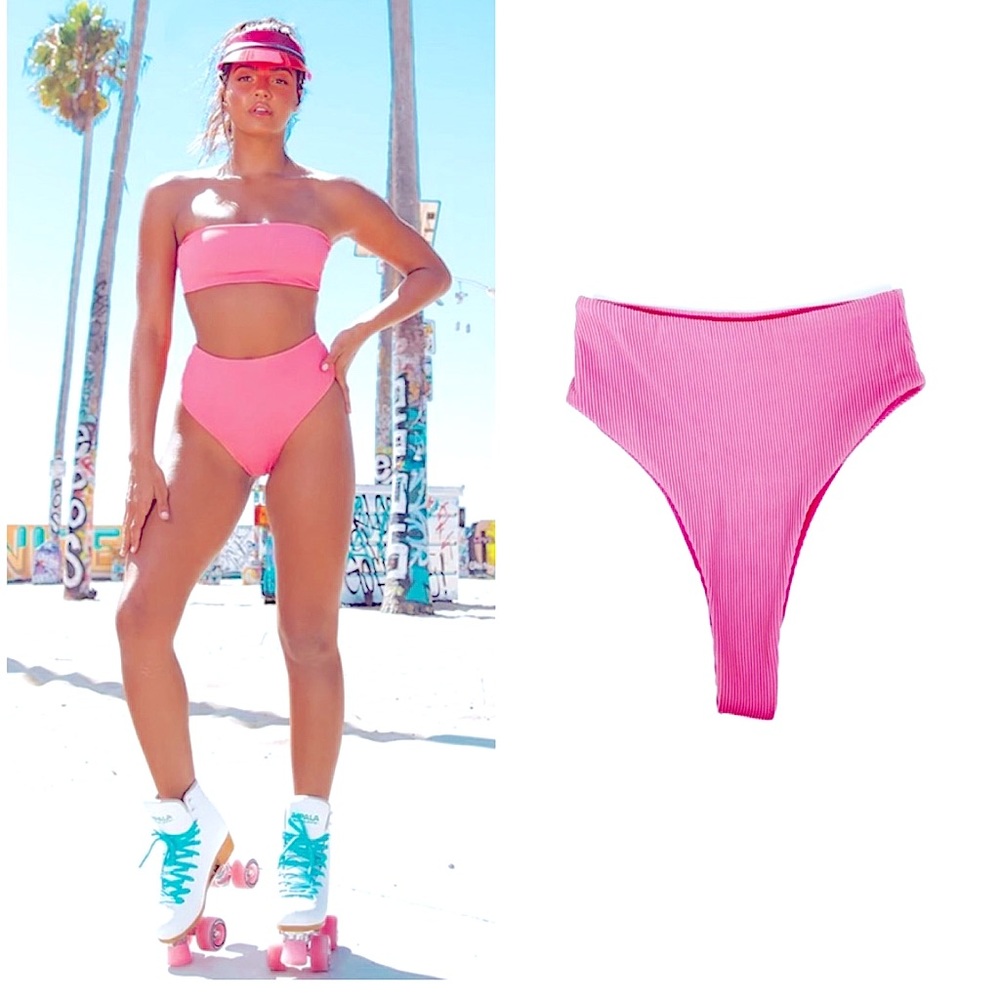 Meshki Nera Ribbed Pink Barbiecore Roller Derby High Waisted Bikini Bottom